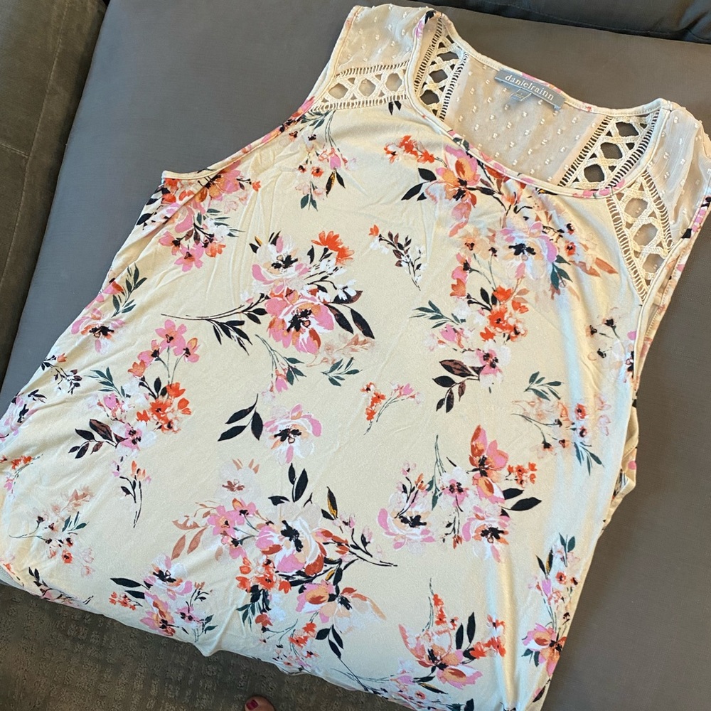 Daniel Rainn Floral Blouse with Swiss Dot Lace Detail